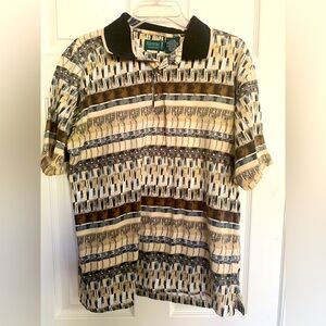 Slammer Golf Shirt: Black/Brown/Beige Print w/Golf Clubs, 💯% Cotton, XL